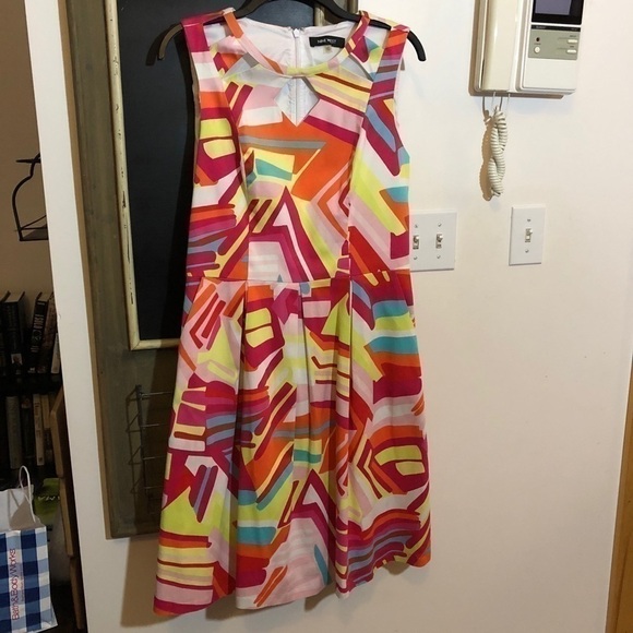 Nine West Sleeveless Fit & Flare Dress Multicolor Geometric Print Size 10 - Picture 2 of 4